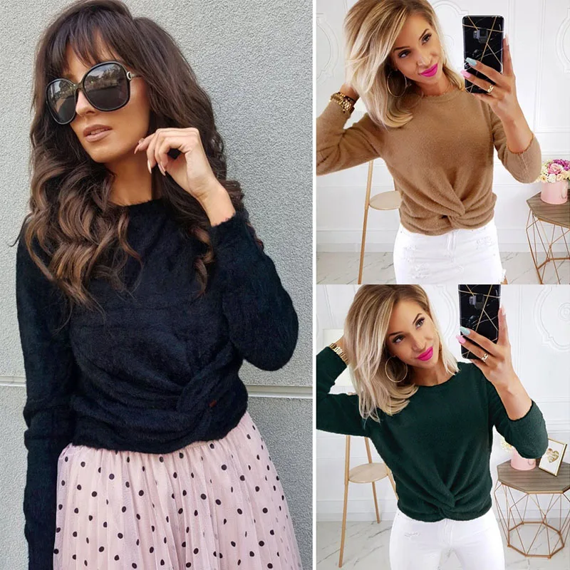 New Women Winter Warm Fluffy Plush Button knot T Shirt Tops Casual Ladies Long Sleeves Clothes Clothing | Женская одежда