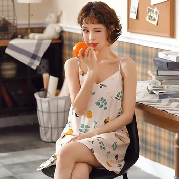 

Summer Nightdress Suspenders Sexy Sleeveless Mid-skirt Women's Nightdress Summer Thin Print Cotton Home Service Nightgowns Women