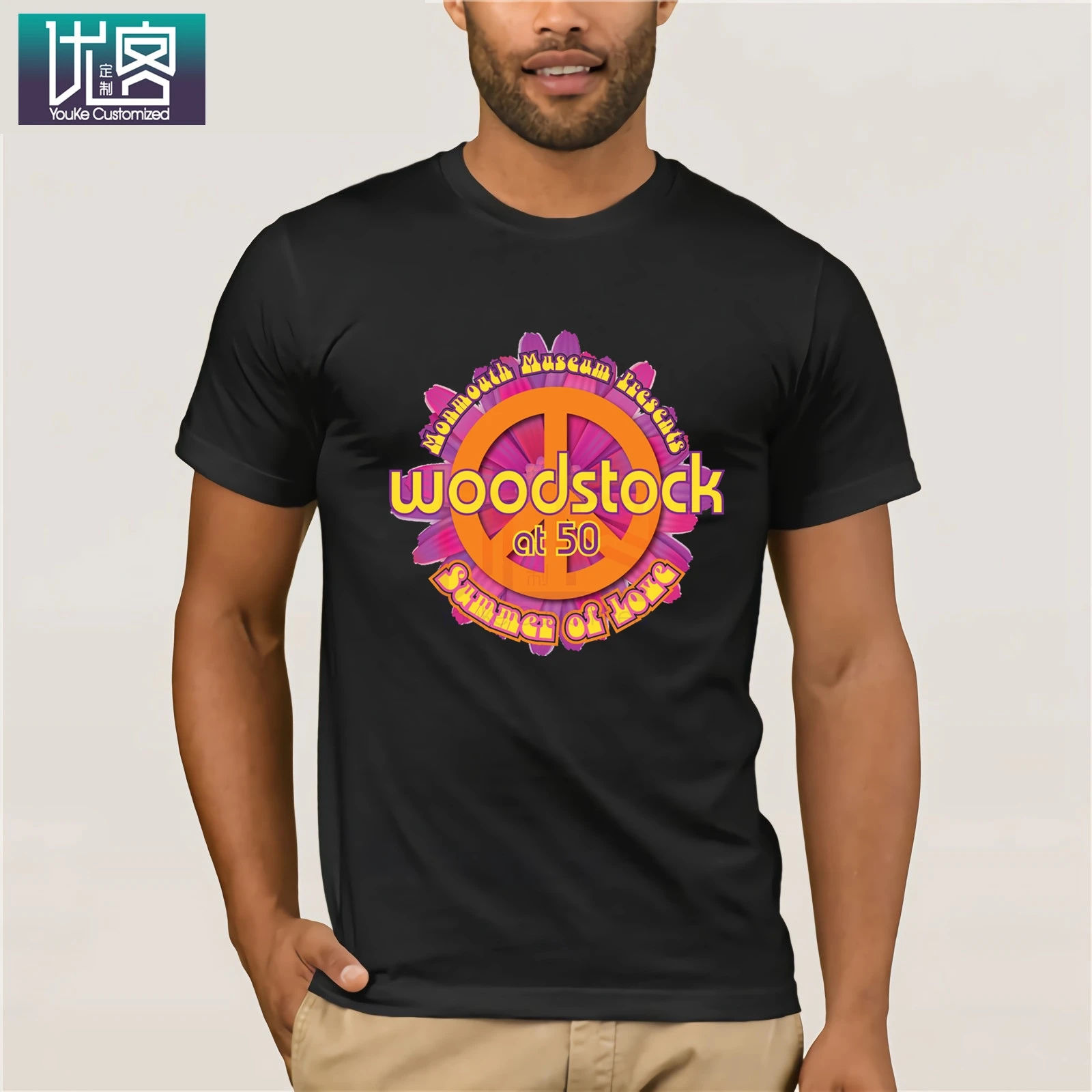 Monmouth музея Woodstock на 50 Summer of Love выставка футболка Винтаж круглый вырез горловины с