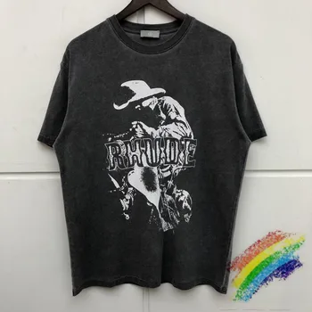 

New RHUDE T-SHIRT Men Women cowboy Printed Top quality Rhude T-shirts Vintage Washed Do Old Oversize Tops Tee