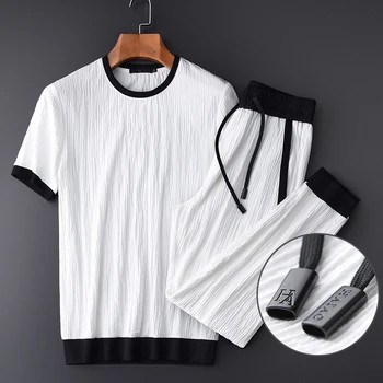 

Summer Thin Men (t-shirt+pants) Luxury Wrinkle Fabric Casual Sport Mens Plus Size 4xl Contrast Color Man Sets
