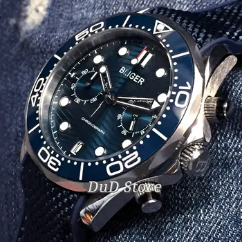 

Bliger new 41mm silver case sapphire crystal ceramic bezel blue dial date rubber strap chronograph quartz mens top luxury watch