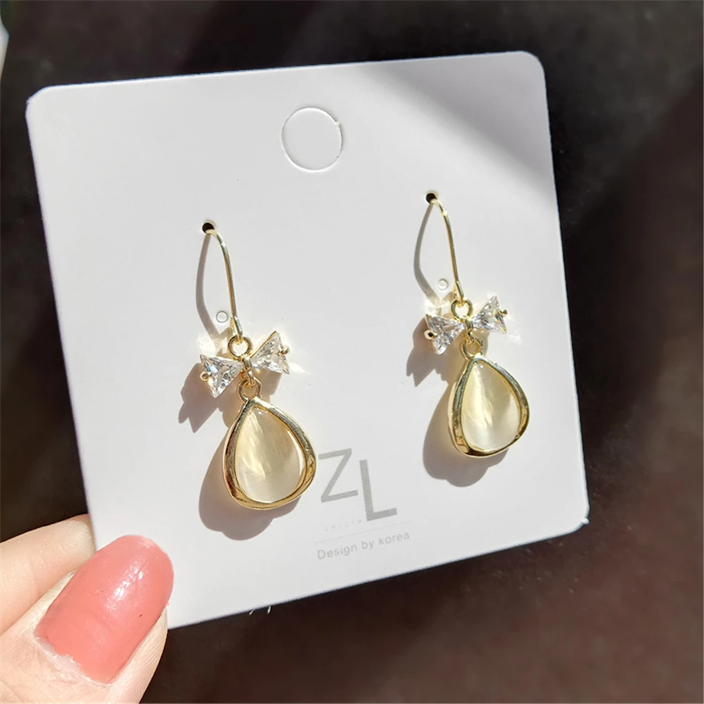

NEW Bow Earrings Zircon Cat's Eye Drop Ear Hook Geometry Women Contracted Temperament Earrings Adorn Article