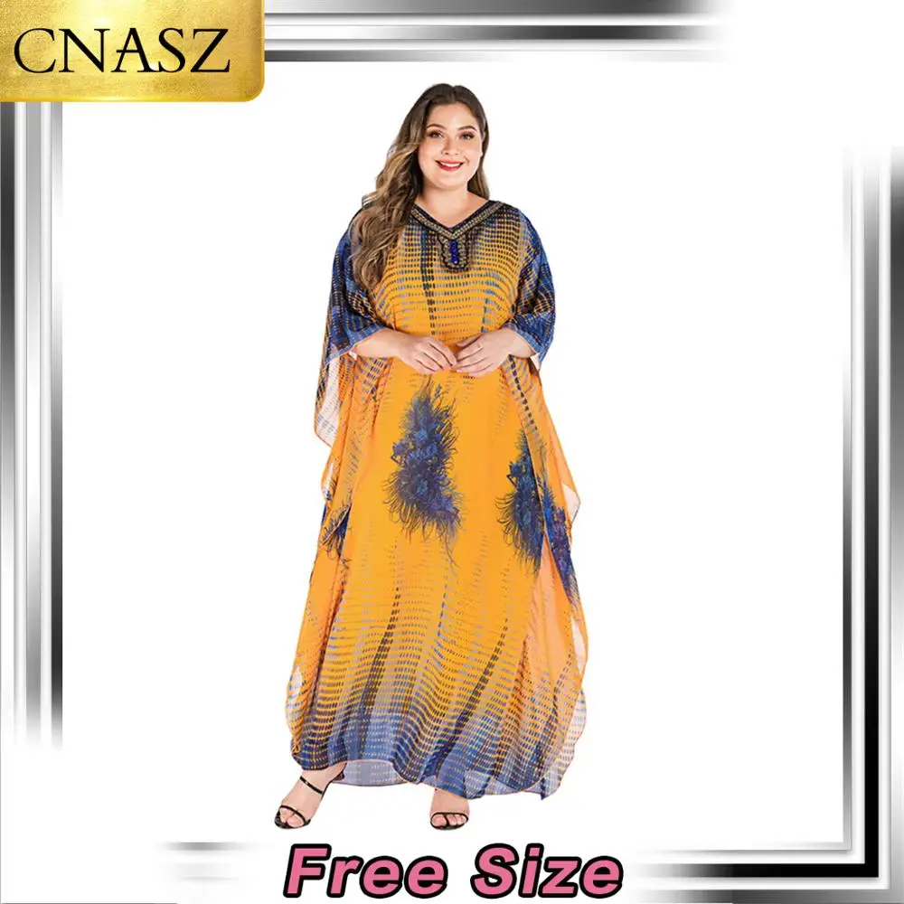 

2019 Latest Muslim Turkey Beaded Diamond Chiffon Print V-Neck Bat Sleeve Dress Dubai Islamic Arabic Large Size Women's Dress