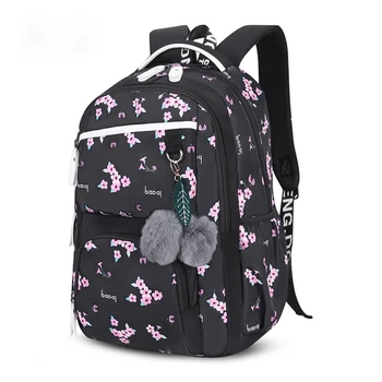 

FengDong Cute School Bags for Teenage Girls School Backpack for Girls Fur Ball Decoration Bags Flower Pattern Schoolbag