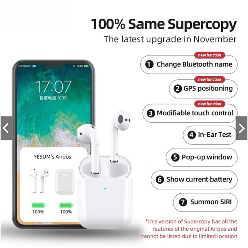 99% Same Super Air 2 Copy Wireless Earphones Smart Light Sensor Bluetooth 5.0 Earbuds Pops-up Wireless Charger Headsets