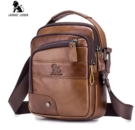 LAOSHIZI men's Genuine Leather Shoulder Bag Men Messenger Bags Small Casual Flap Zipper Design handbags Male CrossBody Bag