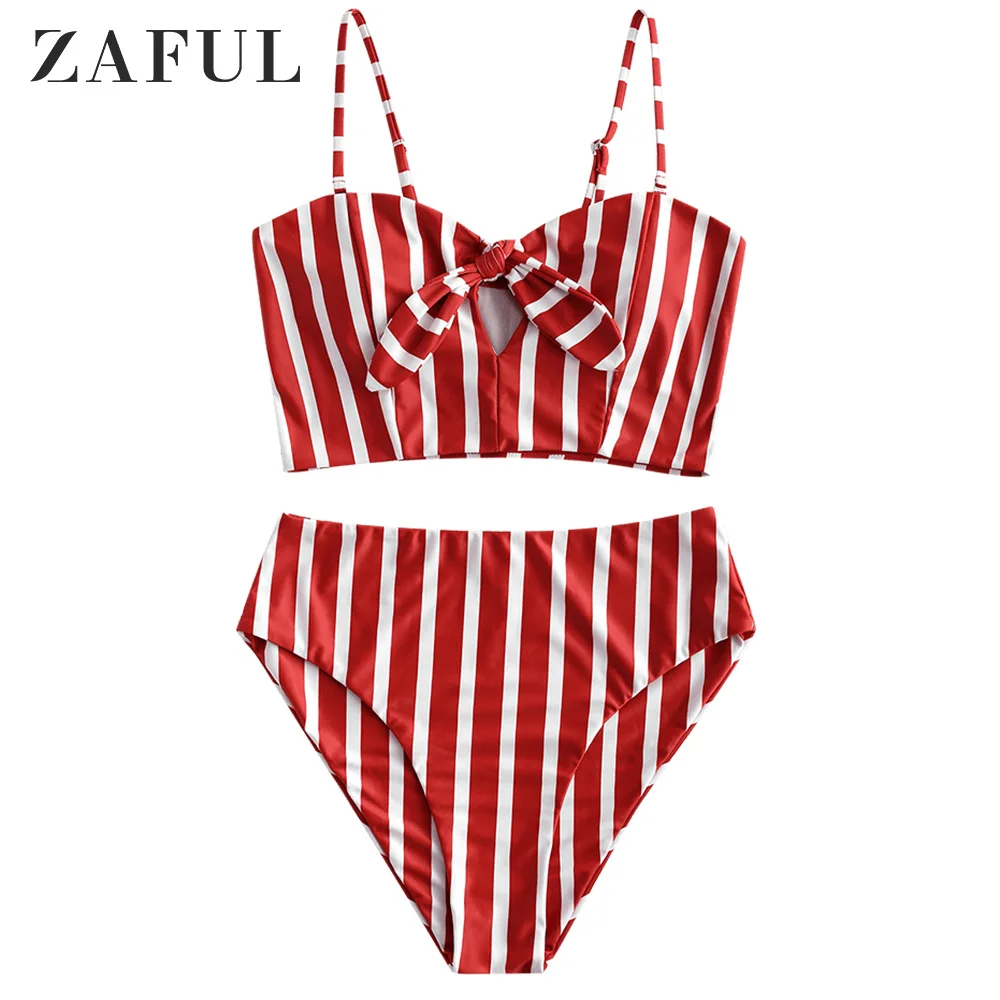 

ZAFUL New Striped Tied Keyhole Tankini Swimsuit Bikini Sets Women Bow Two Pieces Straps Swim Girl Beach High Waist Bathing Suits