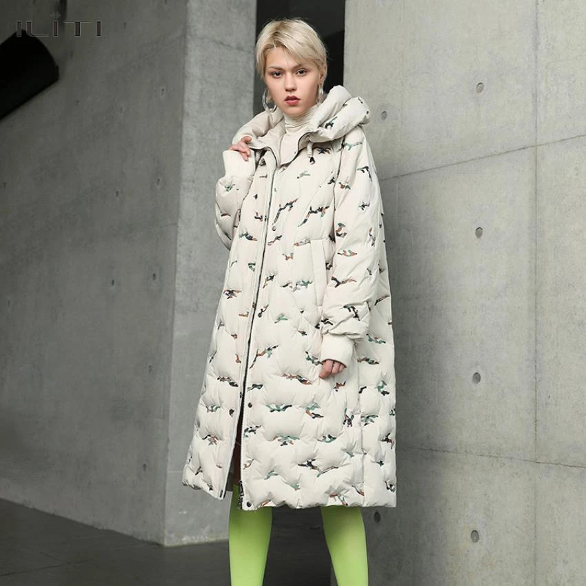 black parka Fashion Winter long thick warm fluffy down coat female Camouflage print hooded down parkas warm down jackets F2172 ladies long puffer coat