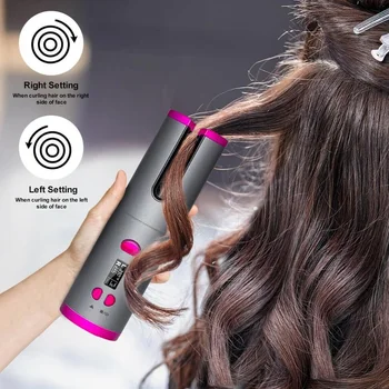 

Cordless Auto Rotating Ceramic Hair Curler USB Rechargeable Curling Iron LED Display Temperature Adjustable Curling Wave Styer