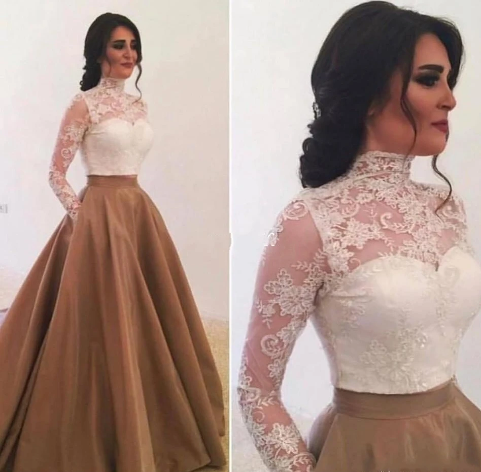 

Elegant High Neck Long Sleeves Evening Dresses 2020 Saudi Arabia Lace Appliques Prom Party Gowns Special Occasion Dress
