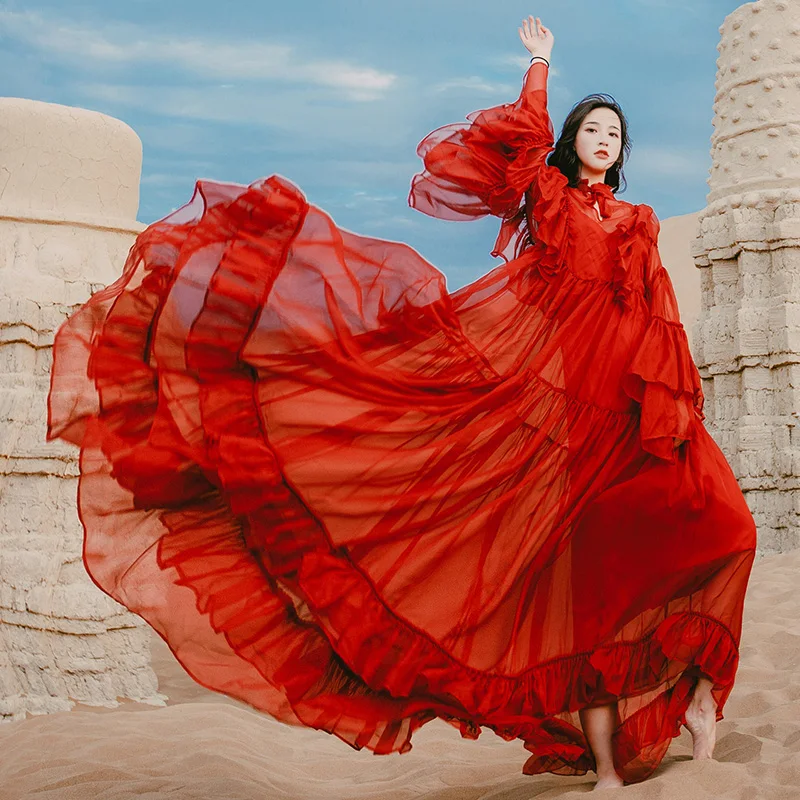Hoge Kwaliteit Stand Kraag Flare Mouwen Maxi Rode Jurk Ruches Transparante Chiffon Lange Jurk Boho Stijl 2 Stuks Jurk Vestidos Hoge Kwaliteit Stand Kraag Flare Mouwen Maxi Rode Jurk Ruches Transparante Chiffon Lange Jurk Boho Stijl 2 Stuks Jurk Vestidos