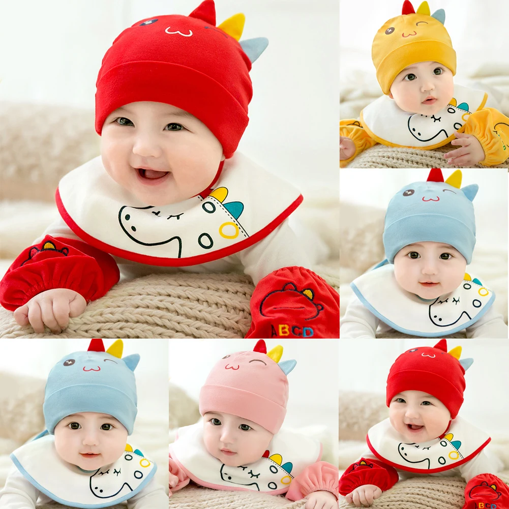 Cotton Baby Hat Bibs Newborn Girl Boy Cartoon Dinosaur Beanie Autumn Winter scarf Cap Accessories New