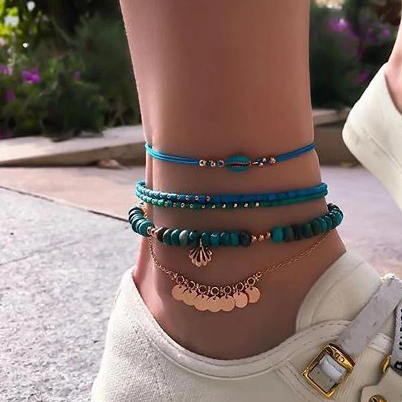 docona 4pcs Boho Shell Beaded Anklet Set for Women Multilayer Adjustable Sequin Pendant Foot Chains Beach Jewelry Tobillera 8792