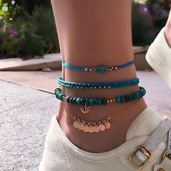 docona 4pcs Boho Shell Beaded Anklet Set for Women Multilayer Adjustable Sequin Pendant Foot Chains Beach Jewelry Tobillera 8792