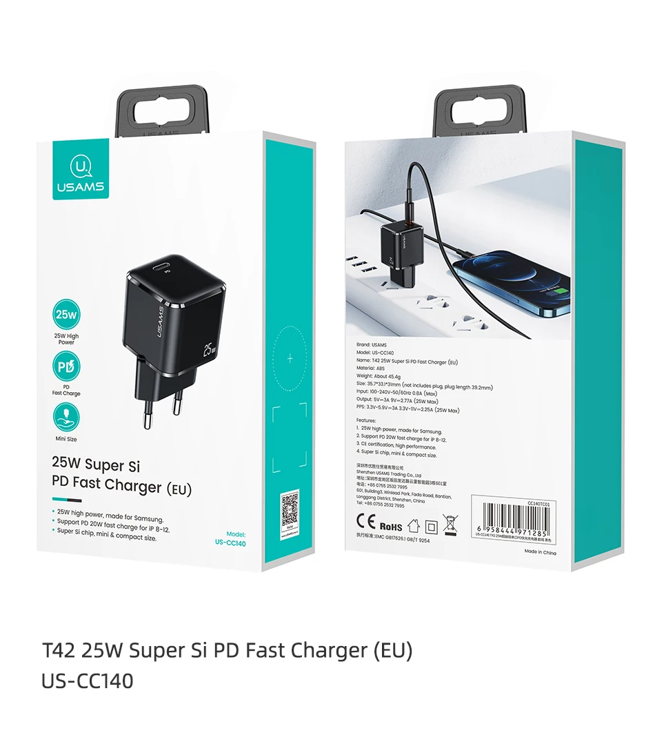 USAMS Super Si 25W PD Charger Super Fast Charger QC 3.0 2.0 USB Type C Charger 54 Ha213dfa415bf4ccf99cd5ae798bb0763m