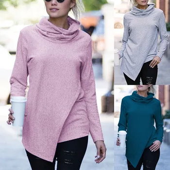 

Droppshiping Hot Sales Autumn New Arrival For 2019 Womens Solid Color Irregular High Neck Collar Sweater Tops Casual J55