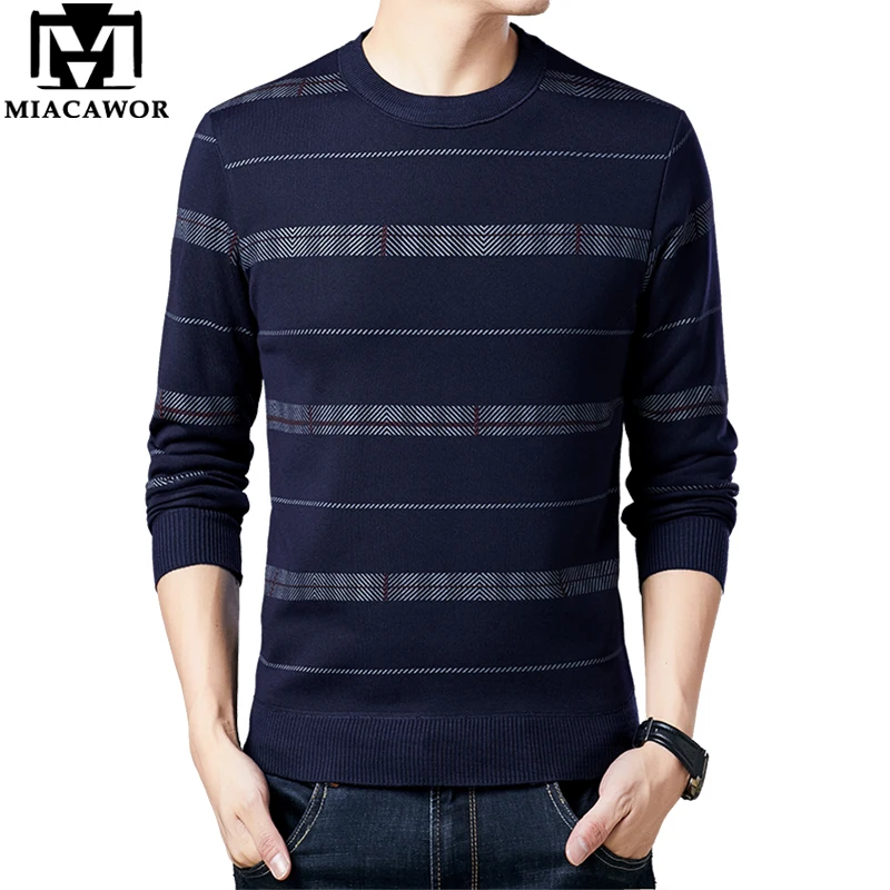 

MIACAWOR Brand Sweater Men Fleece Warm Pullover Men O-neck Jersey Hombre Fashion Striped Jumpers Men Knitted Man Clothing Y242