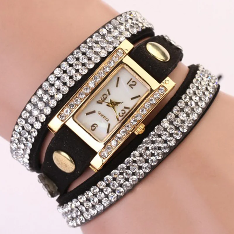 Reloj con incrustaciones en diamantes de imitación para mujer, pulsera de mano con correa de cuero PU