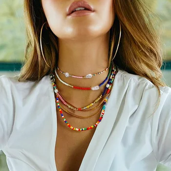 

Boho Rainbow Ethnic Chokers DIY Layered Fashion Jewelry Pearl Colorful Seed Beads Necklace Women Bohemian Beaded Choker Necklace