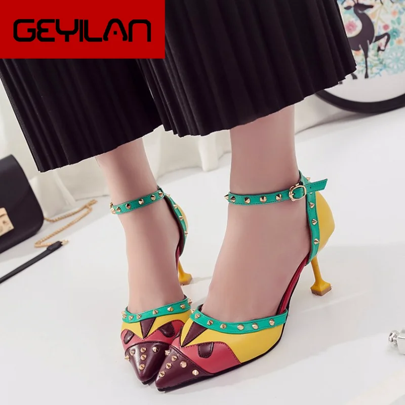 

Summer 2019 New Women Sandals Hhigh-Heel Shoes rivet shallow mixed colors pointed toe fashion pointed fine with wild sandals