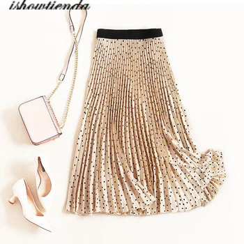 

Women Long Skirts Elastic Waist Dot Pleated Maxi Skirt Beach Boho Vintage Autumn Winter High Waisted Princess Pleated Skirts