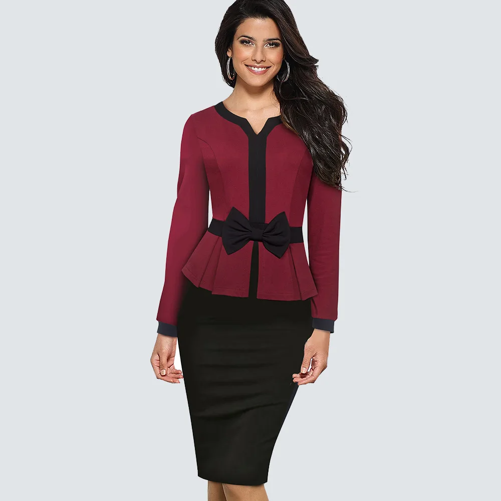 Осеннее короткое платье в стиле пэчворк с бантом, элегантное классическое офисное платье HB554 - Цвет: Dark Red