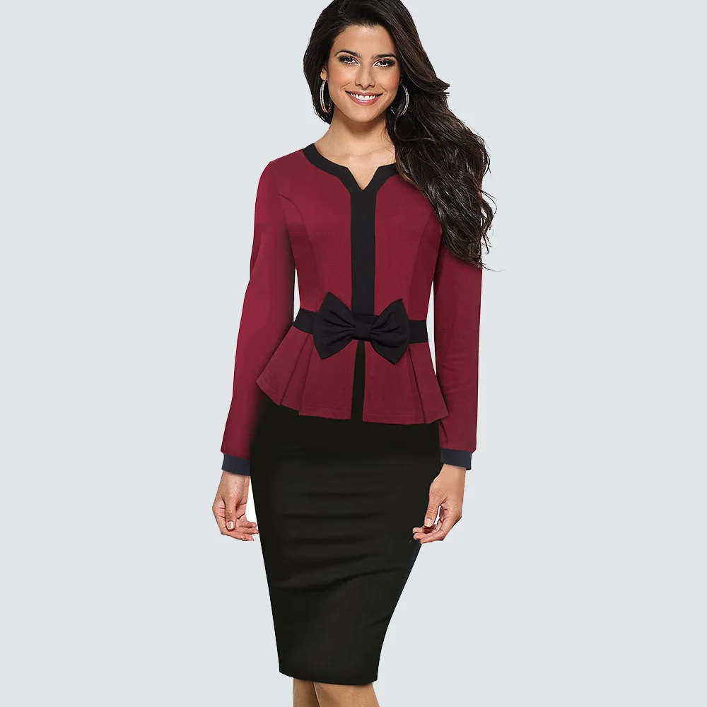 Dark Red Осеннее короткое платье в стиле пэчворк с бантом, элегантное классическое офисное платье HB554 - Цвет: Dark Red