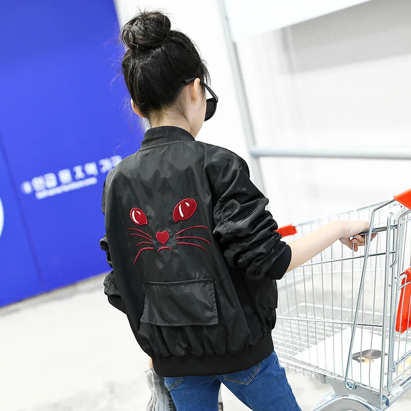 Черный Children Bomber Jacket for Girls Autumn Fashion Cartoon Cat Kids Outerwear Windbreaker Coats School Girls Clothes 6 8 10 12 Year - Цвет: Черный