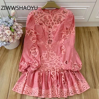 

ZIWWSHAOYU Female Fashion Summer Pink Cotton Short Dress Women Lantern Sleeve Hollow Out Bohemian Vacation Mini Dresses Vestidos