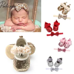 Newborn Infant Baby Girls Boys Summer Crib Shoes 3 Style Sequined Floral Flat Hook Princess Shoes+Headband 2PCS