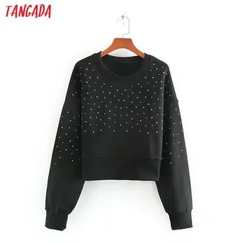 

Tangada women fashion rivet black sweatshirts boyfriend style long sleeve O neck loose pullovers female tops CE228