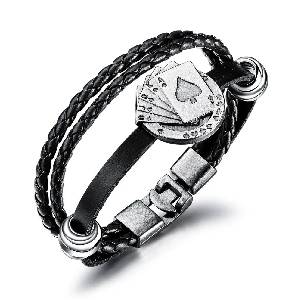 Lucky Vintage Men's Leather Bracelet Playing Cards Raja Vegas Charm Multilayer Braided Women Pulseira Masculina | Украшения и