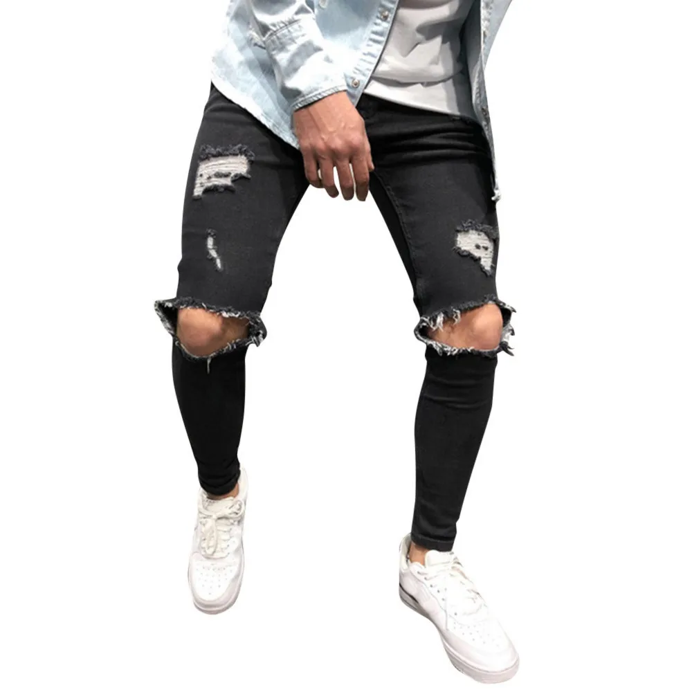Модные мужские брюки, осенние спортивные хип-хоп обтягивающие Стрейчевые джинсовые штаны, потертые рваные джинсы, облегающие джинсы, мужские брюки s - Цвет: Black