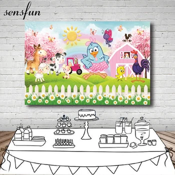 

Sensfun Galinha Pintadinha Backdrop Clouds Sky Flower Pink Tree Farm Yard Fence Custom Photo Studio Photography Background