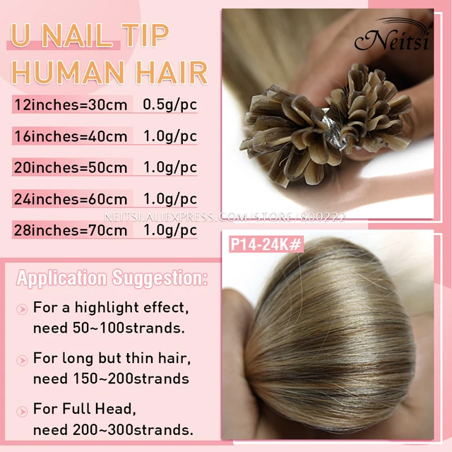 Neitsi Straight Keratin Capsules Human Fusion Hair Nail U Tip Machine Remy Pre-Bond Natural Hair Extensions 16