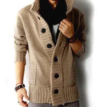 

Winter Korean Fashion Men Long Sleeve Jacket Fashion Casual Slim Loose Collar Button Knit Solid Color Sweater For Men