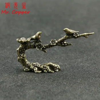 

Antique Copper Magpie Plum Blossom Pen Holder Small Ornaments Brass Bird Tree Figurines Home Decor Accessories Desk Decorations