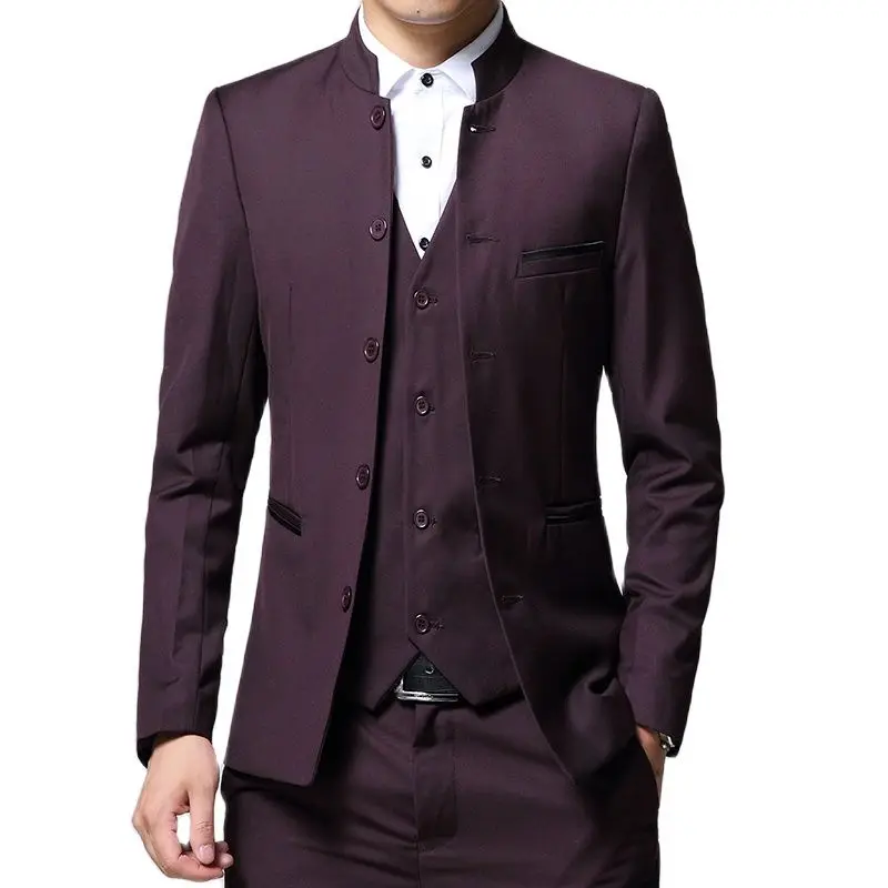 Black Stand Collar 3 Piece Men's Wedding Party Blazer jacket Vest Pants Blue, Red Wine Costume Homme