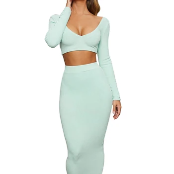 

2Pcs Matching Clothing Set Bodycon V Neck Long Sleeve Pullover Crop Top Bodycon Mid Pencil Skirt Women Sexy Autumn Set Outfit