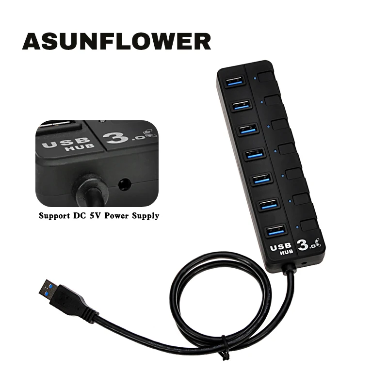 Asunflower USB 3,0 концентратор 7 портов USB 3,0 разветвитель удлинитель адаптер для ПК компьютер с переключателем вкл/выкл usb-хаб аксессуары для ноутбуков