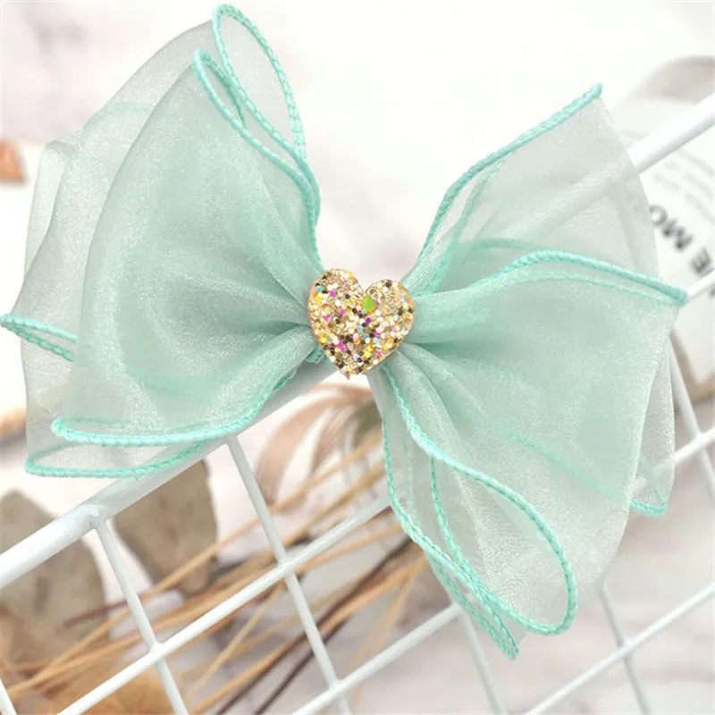 light green 10 шт./лот, блестящая пряжа, бант, детская Шпилька, супер большая, 3 слоя, бант, блестки, сердце, детские заколки для волос, аксессуары для волос для девочек - Цвет: light green