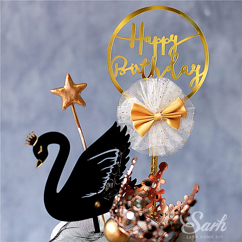 Noble Diamond Black Crown Swan Cake Topper for Happy Birthday Wedding Party Bride Decoration Baby Baking Suplies Sweet Gifts