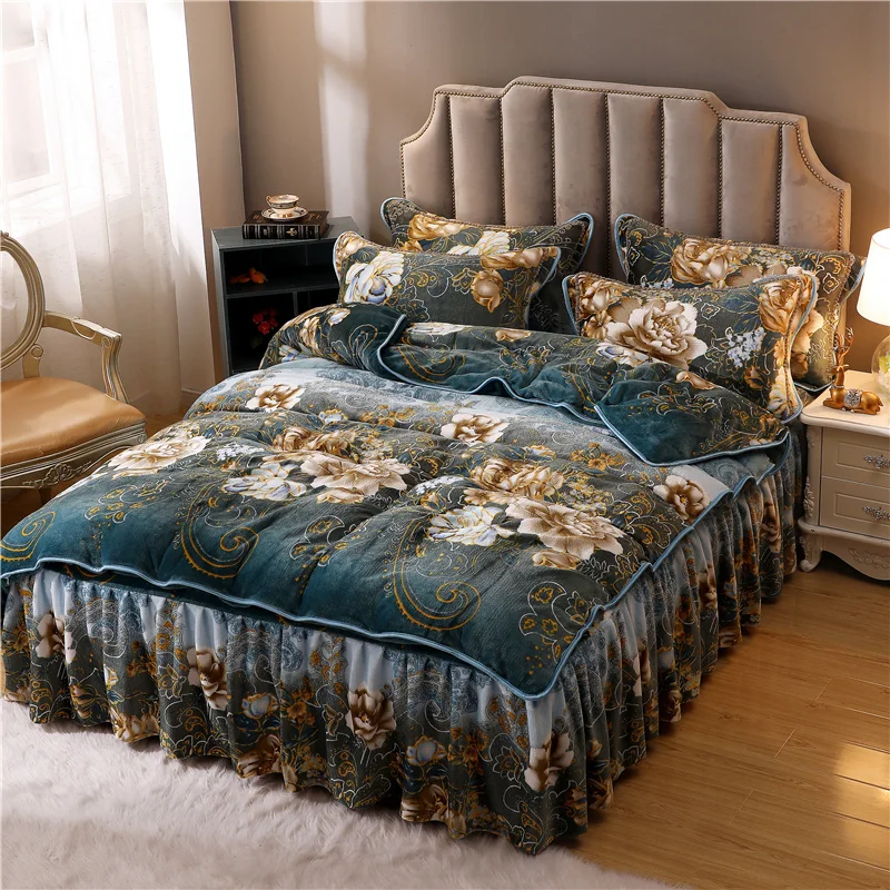 

Luxury Green Flowers printed Bedding Set 4/6Pcs Soft Warm Fleece Comforter Cover set Elastic Bed Skirt Set Perfect for Winter