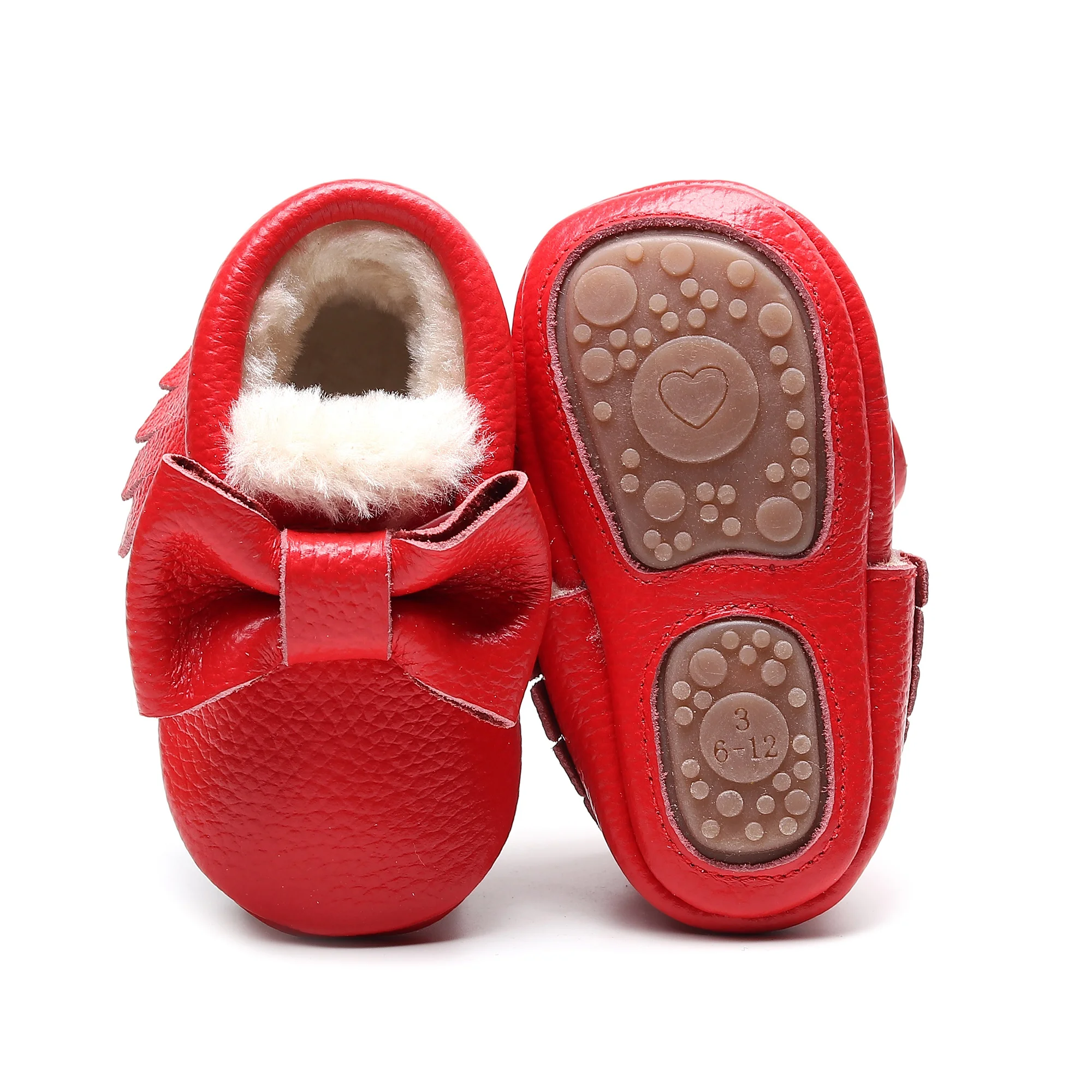 Детские Зимние Мокасины с бахромой и большим бантом; форменная обувь для девочек; натуральная кожа; толстый мех; жесткая резиновая подошва; ручная работа - Цвет: Красный