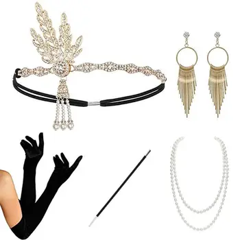

7pcs Ladies Feather Hairband Set with Necklace Earrings Gloves Tobacco Stems