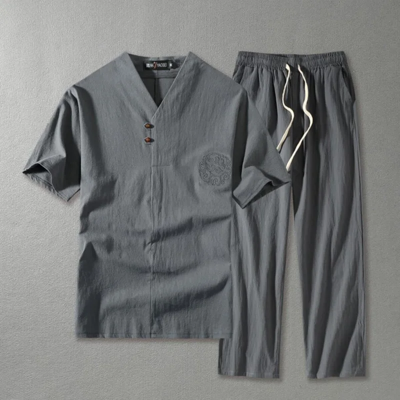 Men's Clothing Large Size Tracksuit Linen t-shirt Summer Set Chinese Style 8XL 9XL plus Two Piece, Sports Set, Tracksuit Set