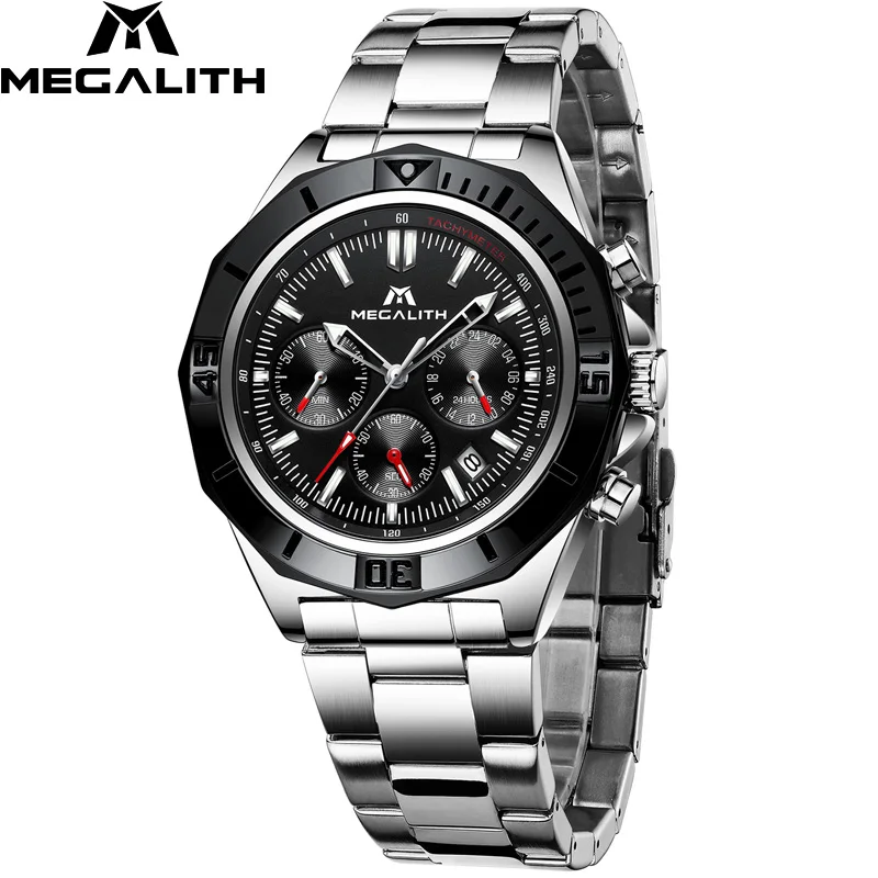 MEGALITH мужские часы из стали спортивные водонепроницаемые часы мужские светящийся хронограф часы брендовые роскошные часы Relogio Masculino 8206 - Цвет: steel silver