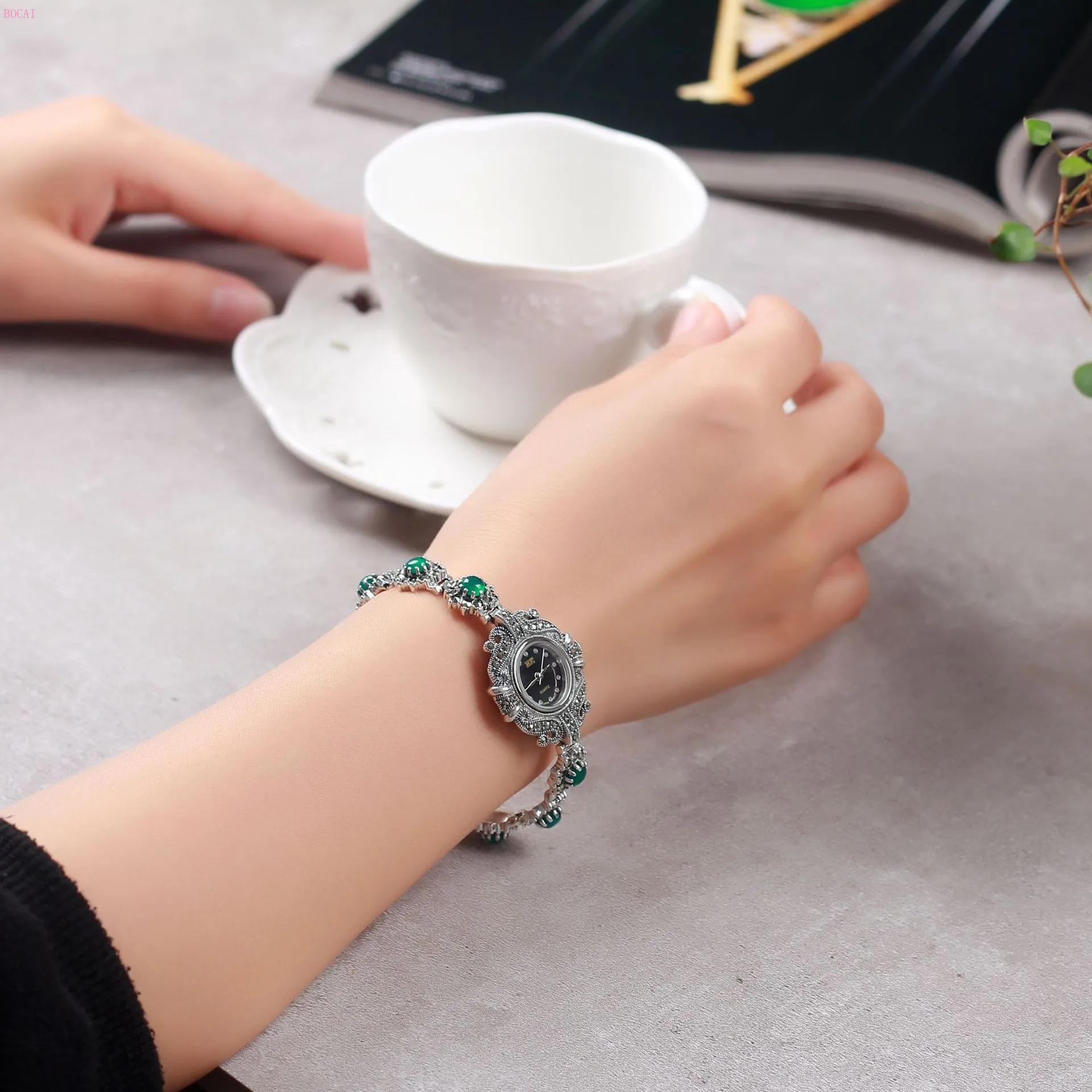 Серебро 925 womdn's браслеты S925 Стерлинговое серебро ювелирные изделия для женщин зеленый камень Модный браслет часы для женщин стиль