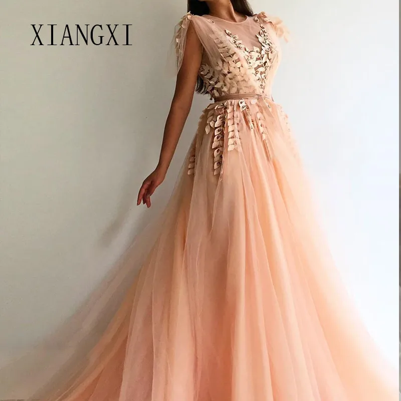 

Blush Long Evening Dress 2019 Jewel Neck 3D Flower Tulle A-Line Evening Dresses Formal Party Dress Vestidos Robe De Soiree